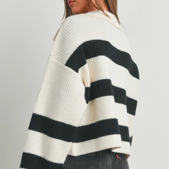Trista Wide Striped V-Neck Sweater | Women's White and Black Fall Top | Trendy - Picture 6 of 7